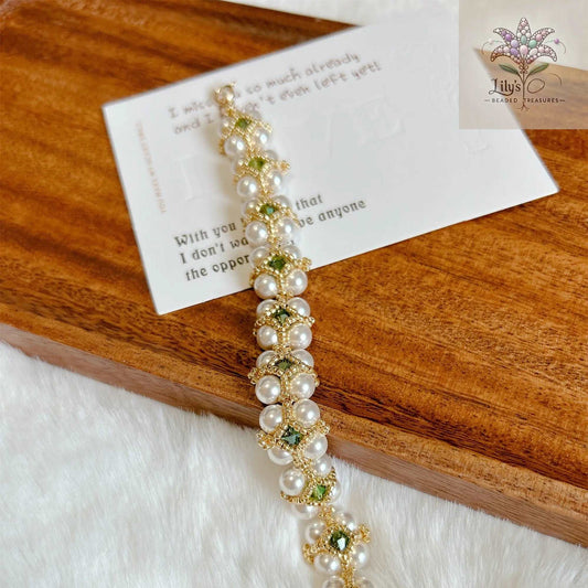 Handmade Beaded Bracelet With Crystal Pearls And Green Bicone Beads