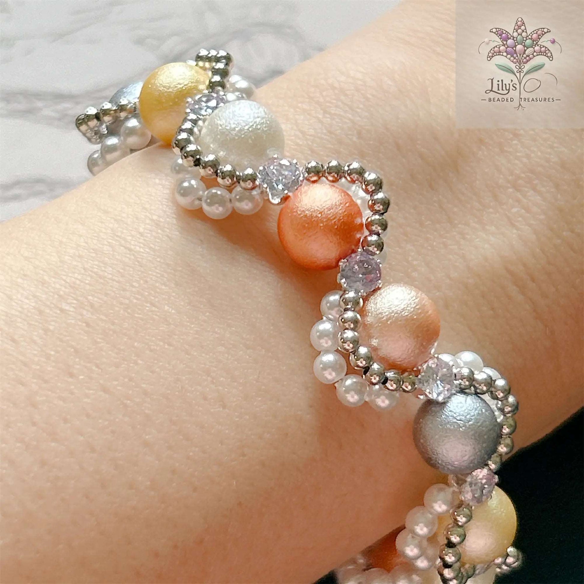 Handmade Bracelet With Gumball Crystal Pearls Matte Surface Finish And Seed Beads Expandable Clasp