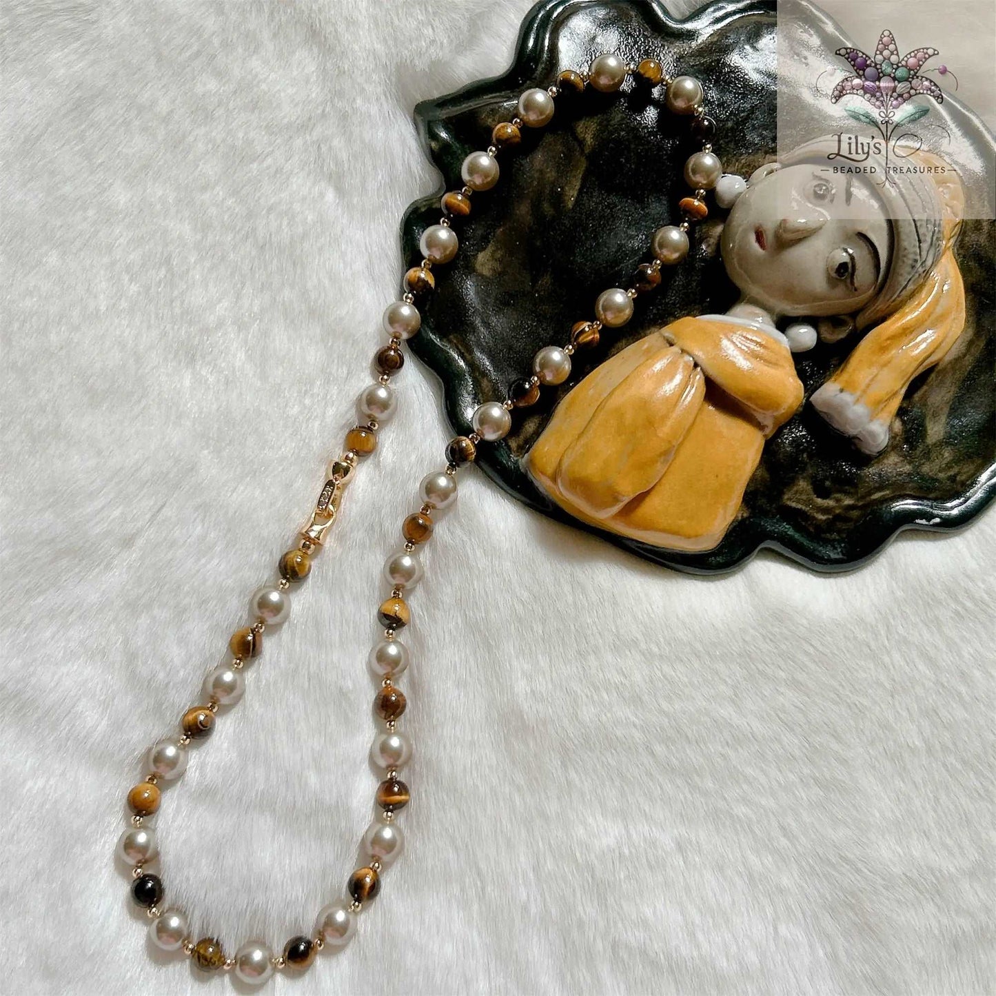 Handmade Necklace With Almond Brown Crystal Pearls And Tiger Eye Stone