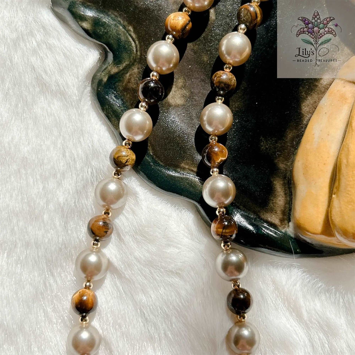 Handmade Necklace With Almond Brown Crystal Pearls And Tiger Eye Stone