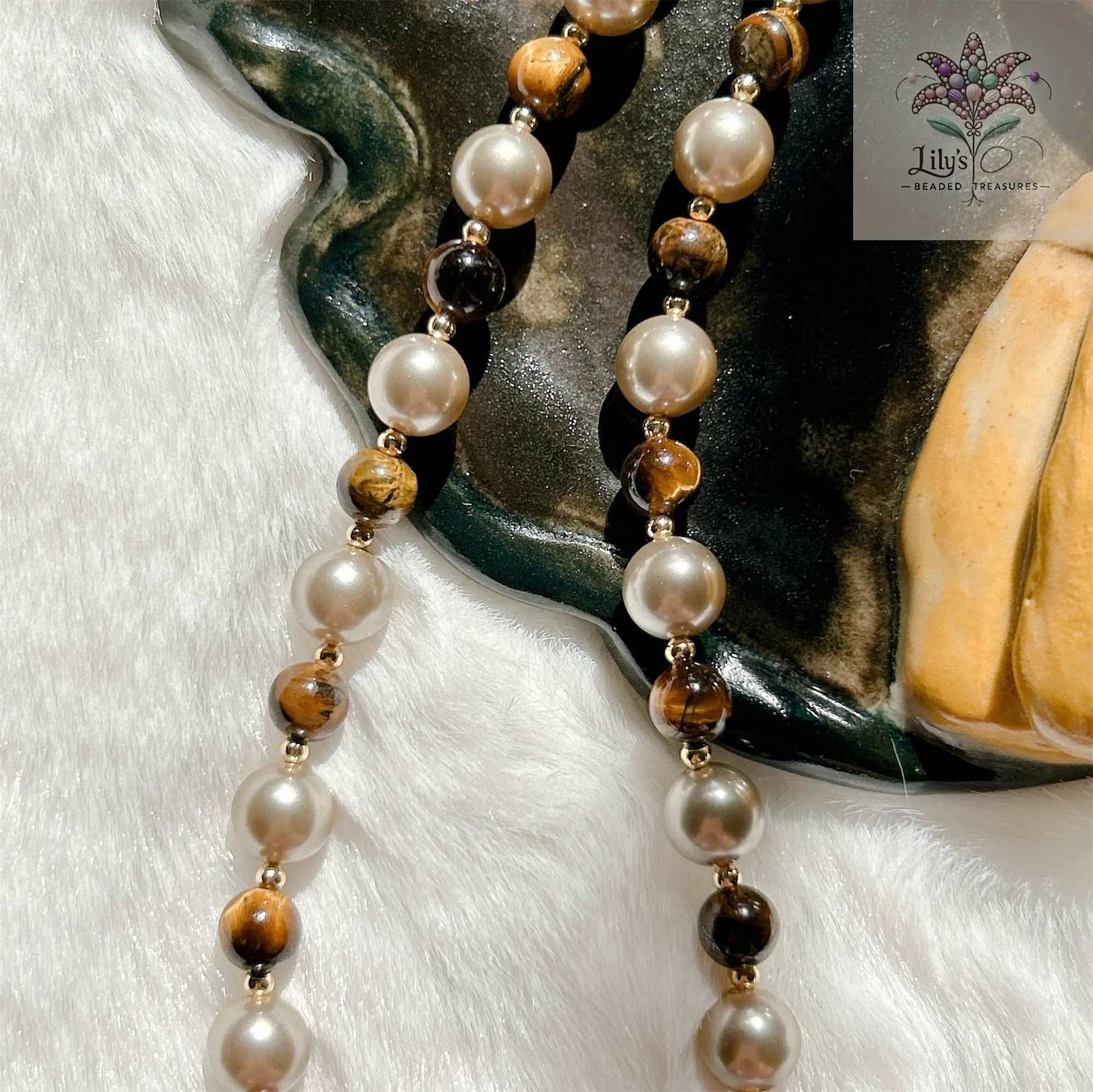 Handmade Necklace With Almond Brown Crystal Pearls And Tiger Eye Stone