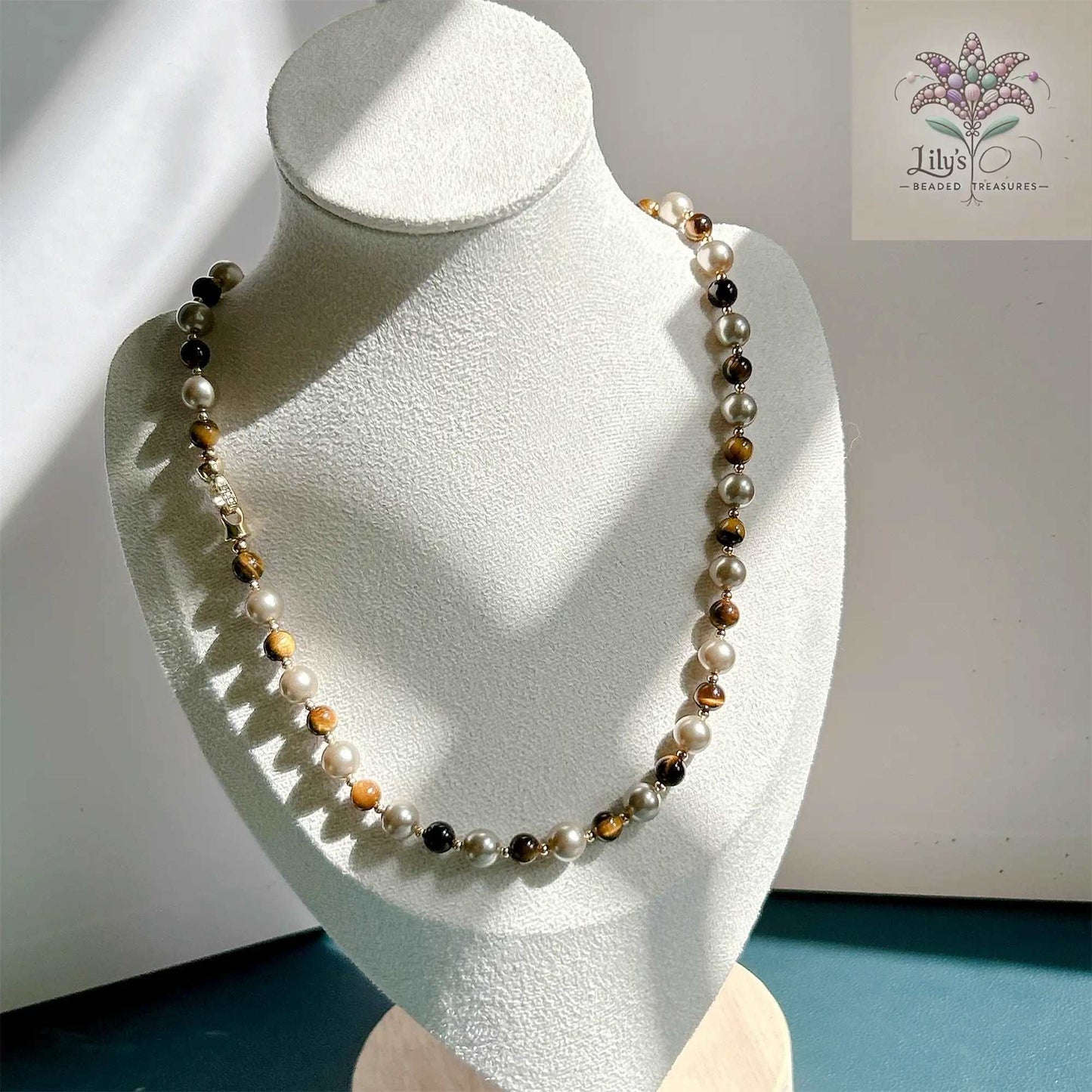 Handmade Necklace With Almond Brown Crystal Pearls And Tiger Eye Stone