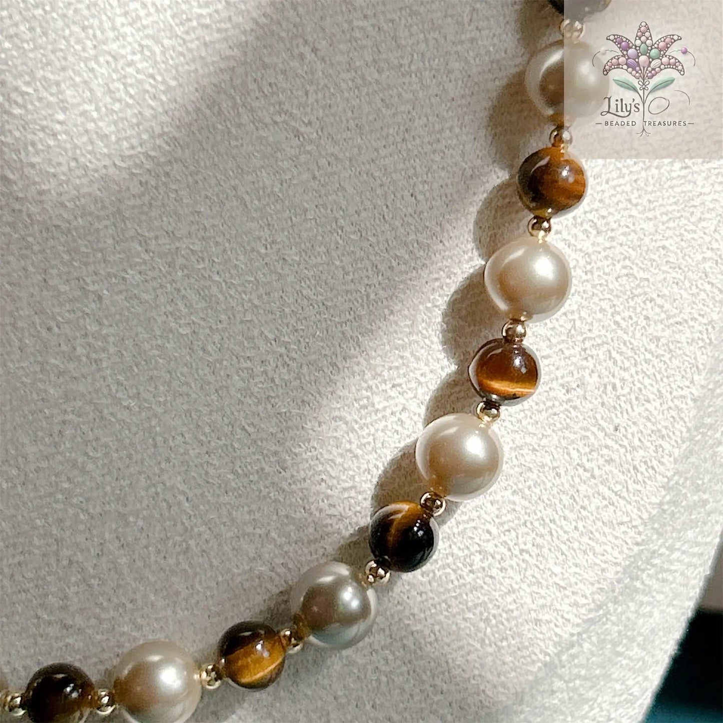 Handmade Necklace With Almond Brown Crystal Pearls And Tiger Eye Stone