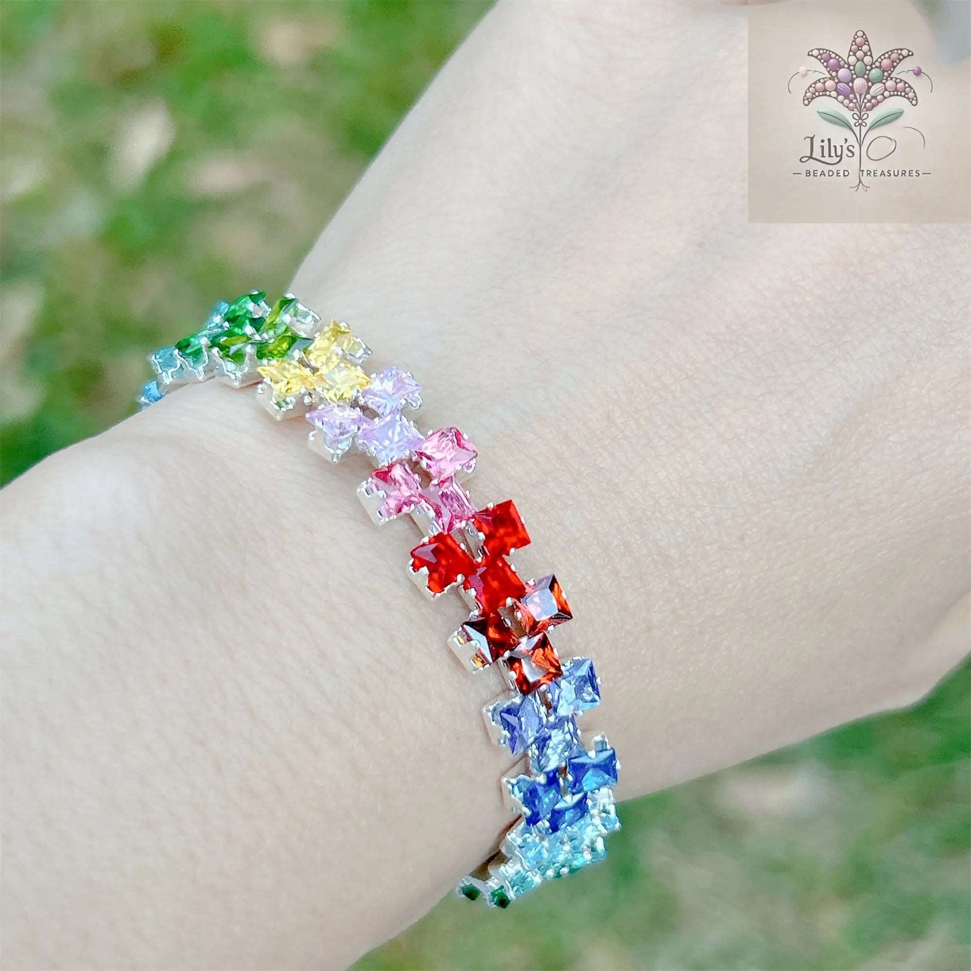 Rainbow Memory Multi-color Glass Crystal Prong Set Bracelet