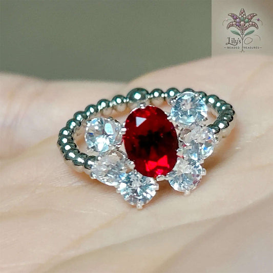 Handmade Beaded Ring Red Crystal Rhinestone Small Gift